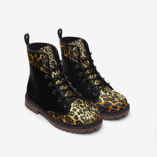 Le Sommet "D-22" Leather Boots (Black and Cheetah Print)